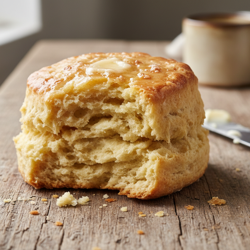 Buttery biscuit on a wooden table with a cup and knife in the background
